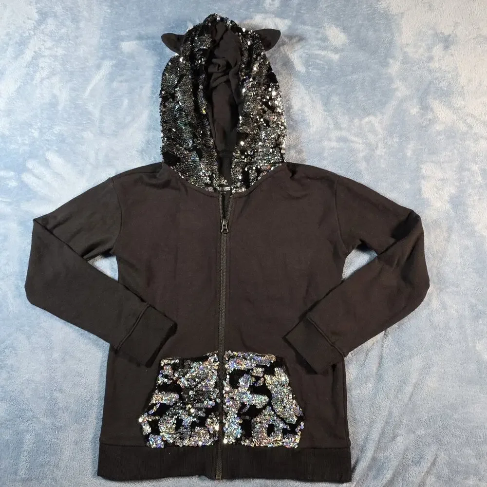 Justice Girls Size 12 Black Flip Sequin Cat Ear Full Zip Hoodie Jacket